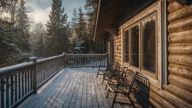 Shifting sunlight casting long shadows across snow-dusted cabin deck by pine forest with 3 chairs