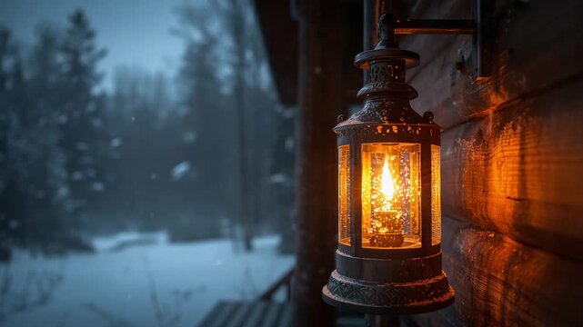 Snowfall starting, metal lantern flickering, casting warm light on log cabin wall dusk, copy space