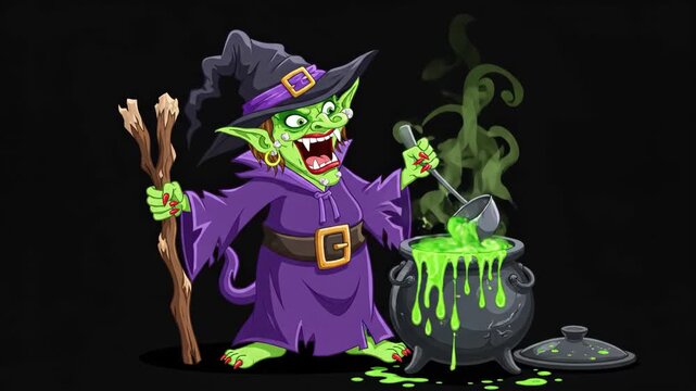 Cartoon witch brewing a potion in cauldron animation sequence for halloween concept