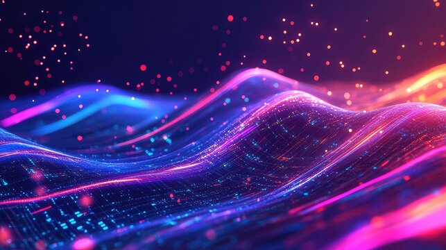 Abstract technology background showing glowing lines and particles forming undulating digital waves, conveying concepts of data transfer, networking, and futuristic connectivity - Powered by Adobe