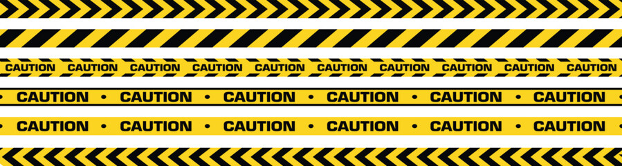 Caution warning barrier tape sign for web site road warning, Black and yellow line. Seamless barrier. Included brushes, © ExtremeStock