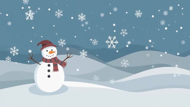 A charming cartoon snowman wearing a hat and scarf stands in a serene winter landscape with falling snowflakes and rolling snow-covered hills.