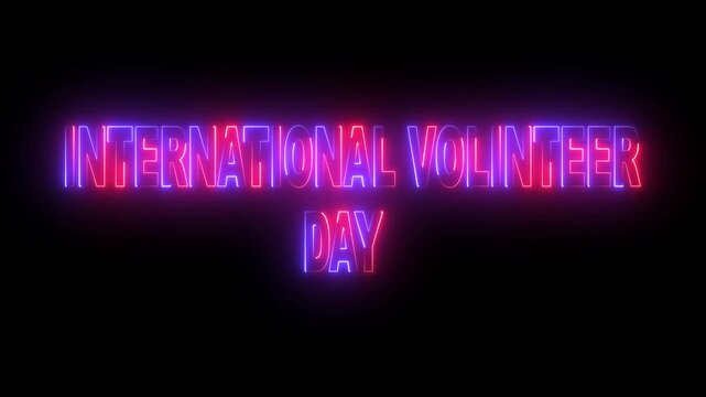 Glowing neon red and blue color international Volunteer day icon animation on black background.4k motion video animation.