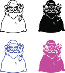 Santa Claus with gift bags in black blue and pink line and silhouette Christmas gifts