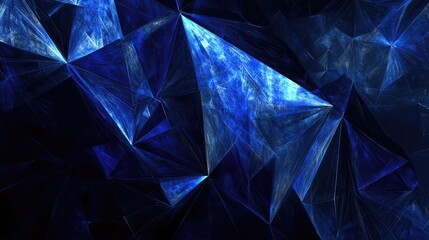 Abstract fractal rendering creating a stunning blue geometric pattern with triangular facets and vibrant light reflections, evoking modern technology and icy energy concepts