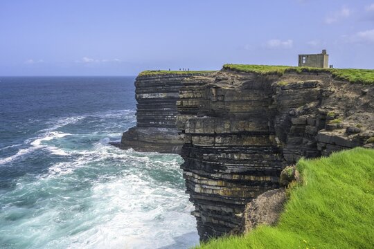 Cliff coast and observation post from World War II at Downpatrick Head, Lackan, County Mayo, Ireland
