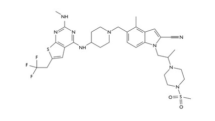 ziftomenib molecule, structural chemical formula, ball-and-stick model, isolated image antineoplastic agent