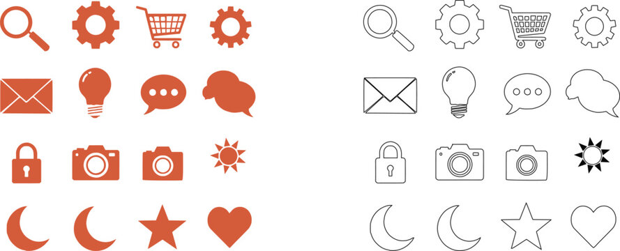 Set of orange and gray representing various and concepts magnifying glass gear shopping cart