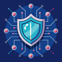 Futuristic cybersecurity concept, shield icon + network lines.