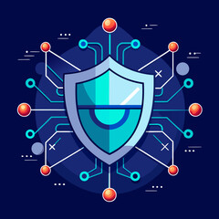 Futuristic cybersecurity concept, shield icon + network lines.