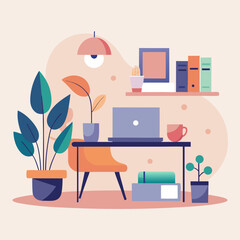 Minimalist remote work scene, laptop desk, pastel color palette, vector illustration.