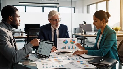Diverse business team analyzing financial report with charts and graphs during a serious meeting in a modern office setting - Powered by Adobe