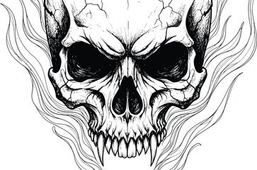 Skull with flames and cracked texture in black and white detailed