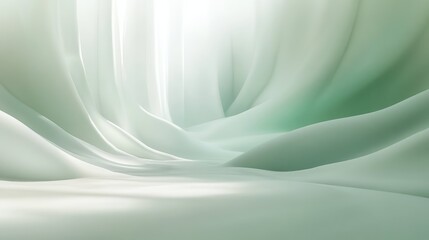 Abstract render presenting smooth, gentle green and white gradient shapes moving fluidly, creating peaceful wave like forms and a serene, clean background ideal for modern design