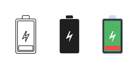 Battery charging icons set with different styles on white background