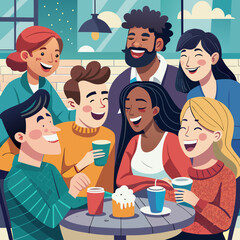 Diverse group of friends laughing at a caf&eacute;, clean vector style.