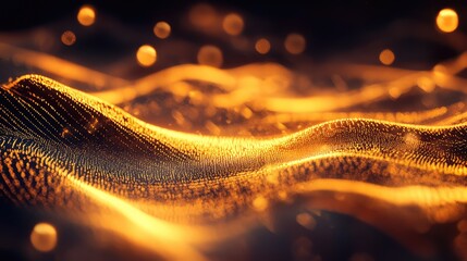 Golden glowing particles creating flowing wavelike patterns against a dark background, representing digital data stream, modern technology, and abstract concepts of internet connectivity and luxury