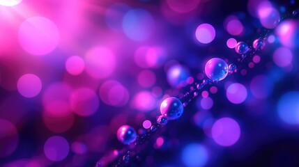 Abstract glowing spheres and bokeh lights creating a dynamic flow, symbolizing concepts of digital technology, data network, modern science, and futuristic energy with vibrant purple and blue colors