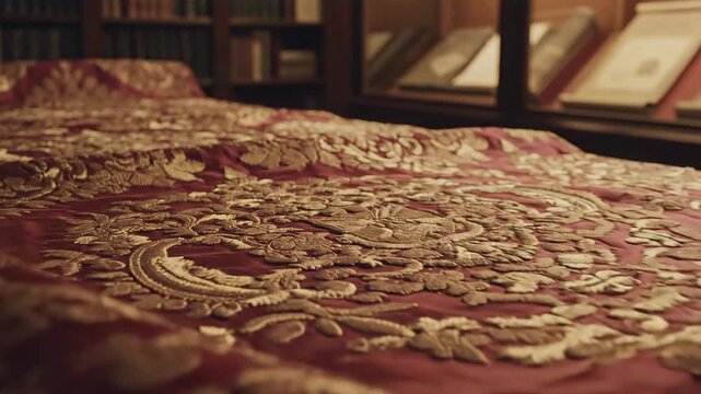 Intricately Brocade Fabric Exhibit Featuring Opulent Waves and Ornate Patterns in a Museum Setting