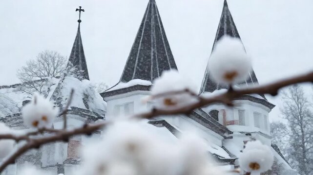 Camera pulling back revealing rimed berries after focus shifting at park, showing turrets in snow