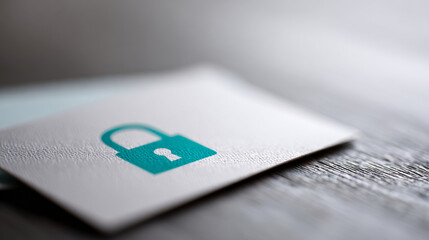 Close-up of a white card with a teal padlock icon symbolizing security and privacy on a textured surface with shallow depth of field