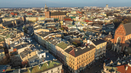 Aerial view of Krakow featuring historic buildings. European cityscape with medieval architecture.