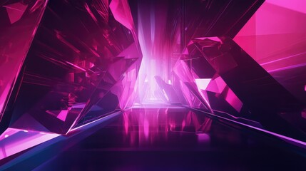 Geometric magenta and purple crystal structures forming a futuristic illuminated tunnel, visualizing digital pathways, technology advancement, and interconnected data flow
