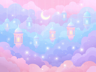 Dreamy Ramadan night background with hanging lanterns clouds and crescent