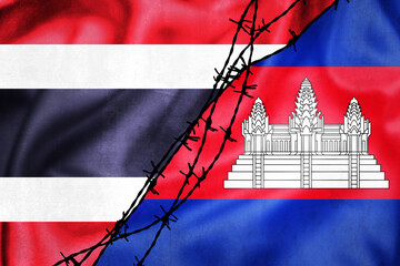 Naklejka premium Grunge flags of Thailand and Cambodia divided by barb wire illustration