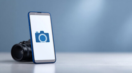 Smartphone displaying camera icon with DSLR camera blurred in background on gray surface and blue gradient backdrop