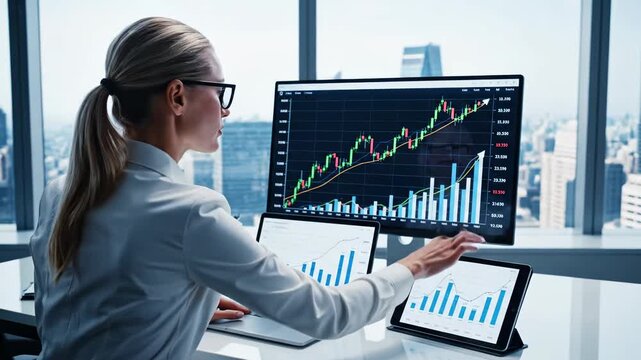 Female financial analyst with glasses working on stock market data analysis on multiple screens in modern office with city view