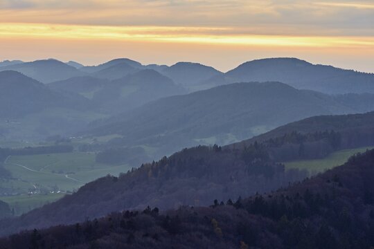 View of the Jura foothills from the Gisliflue, in the light of dusk, Talheim, Canton, Aargau, Switzerland