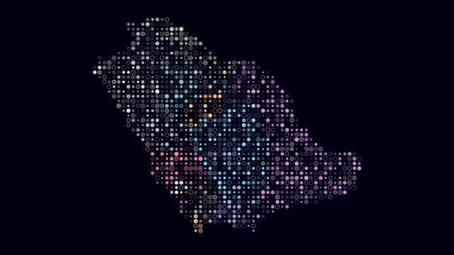 Saudi Arabia animated country shape. Pulsating colored dots on the map of the country. Small size circle blocks. Digital style Saudi Arabia map on dark background. Abstract animation video.