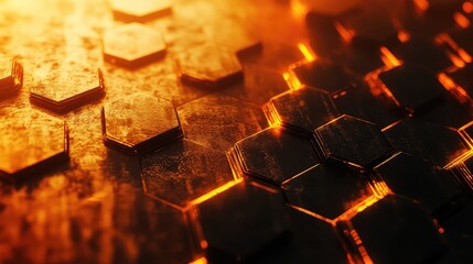 Futuristic abstract background displaying a dynamic pattern of illuminated hexagonal cells, creating a sense of connectivity, data flow, and modern technology