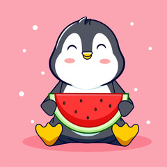 Cute Penguin Enjoying Watermelon Slice Vector Illustration Cartoon Design Kawaii