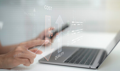 Business optimization concept showing cost reduction and quality improvement comparison with percentage chart and upward arrow over laptop for efficiency strategy performance management