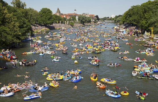 Themed boats at the Nabada boat parade on Schw&ouml;rmontag, a traditional Ulm holiday, Danube, Ulm, Baden-Wuerttemberg, Germany