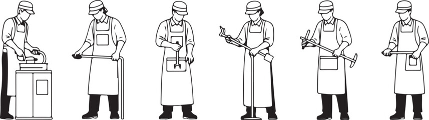 Professional Service Worker in Uniform Performing Job Tasks Step by Step Minimal Line Art Illustration Series