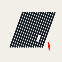 Minimal vector concept illustration of a businesswoman carrying a unique red block away from black lines, representing individuality and new solutions.