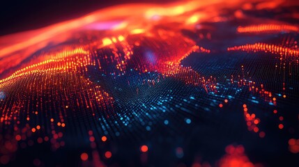 Abstract grid representing a complex digital network structure with glowing red and blue particles visualizing data flow, communication, and connectivity across a futuristic landscape surface