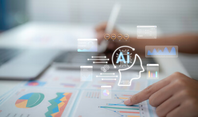 Business analytics concept showing data charts digital dashboard plus artificial intelligence visualization over financial report for technology strategy data driven decision business growth