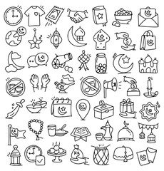 Ramadan Islamic Line Icons Set – Muslim Prayer, Charity, Iftar Food, Mosque, Crescent Moon, Lantern, Eid Mubarak Religious Outline Illustration
