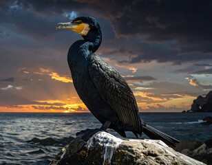 A black seabird with yellow beak and eye spot perches on a rock, set against an orange and dark sunset horizon