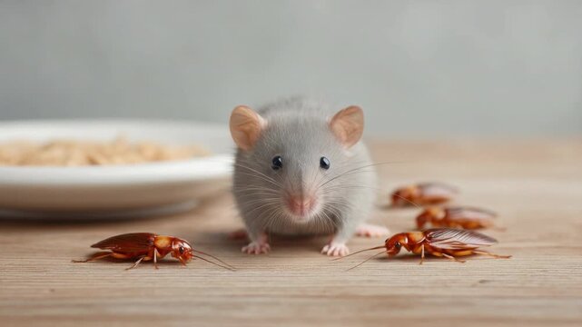 Adorable Gray Mouse Interacting with Roaches on Wooden Table Surrounded by Small Bowl of Snack Food  4k video footage