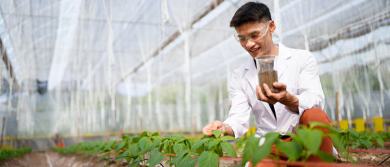 Researcher conducts soil analysis at a plant growth site to improve agricultural practices and...