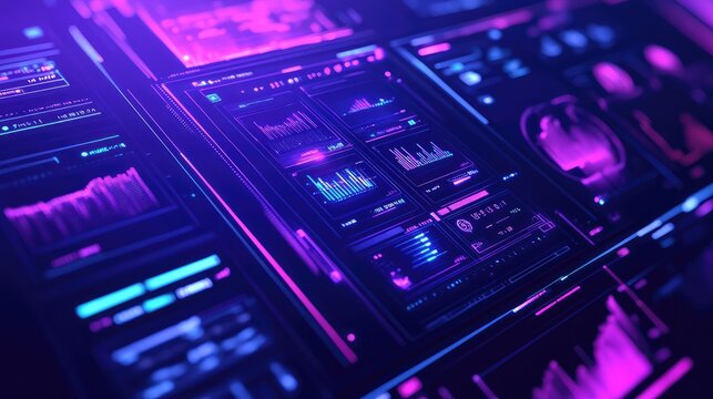 Digital screens present a futuristic interface with various graphs, charts, and information, visualizing complex data and technology concepts for business intelligence and communication - Powered by Adobe