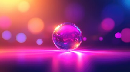 Spherical glass orb standing on a reflective surface, radiating brilliant pink, purple, and blue light within an illuminated abstract background featuring bokeh effects