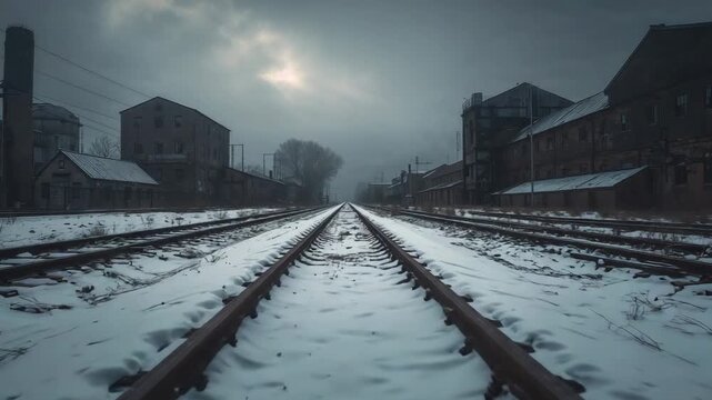 Shifting sun glow behind clouds revealing centered rail tracks in snowy rail yard with chimney
