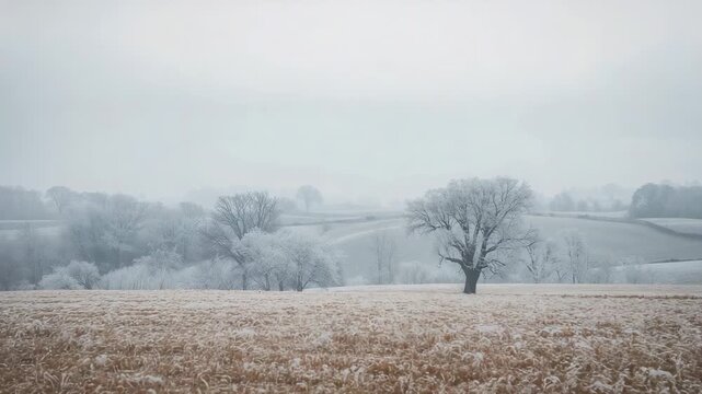 Recording camera holding steady on frost-covered tree in rural field to document frost, copy space