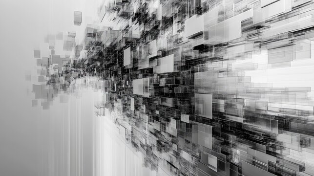 Monochrome tech background of interconnected geometric data blocks and glowing cubes forming a dynamic grid, evoking modern networks, information flow and futuristic architecture - Powered by Adobe